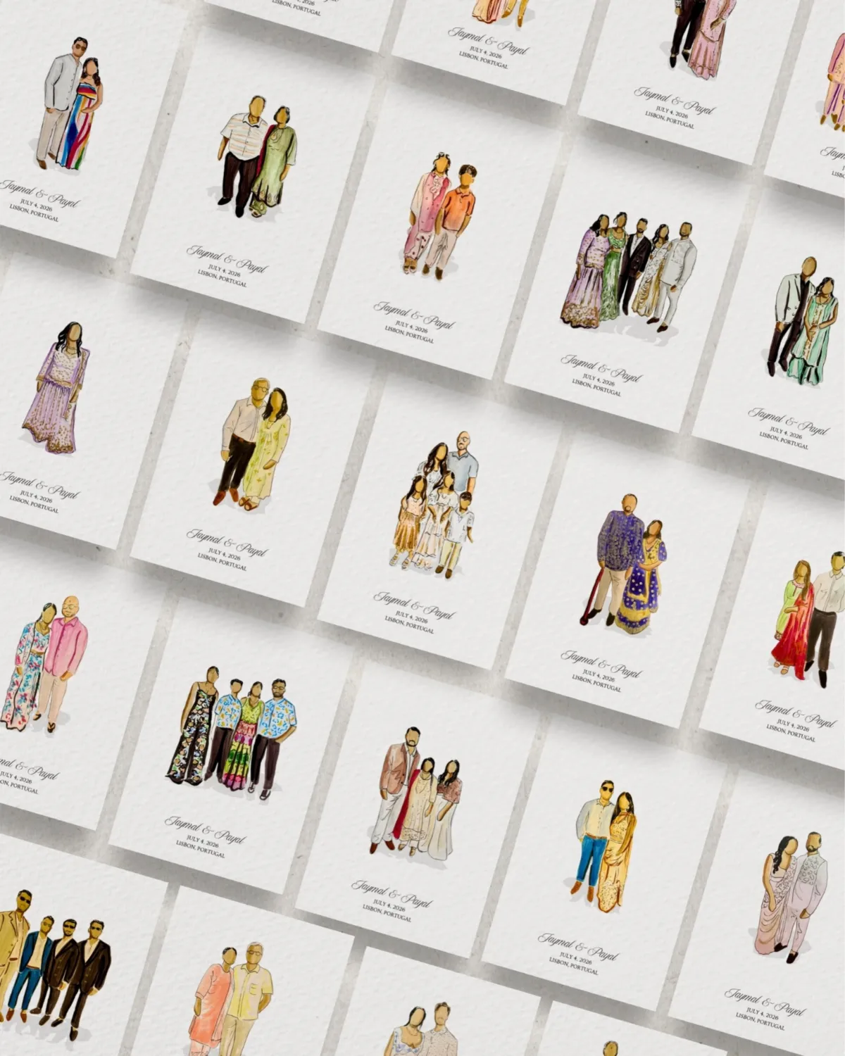 Conjunto de cartões ilustrados de convidados, cada um com um grupo pintado à mão e os nomes do casal