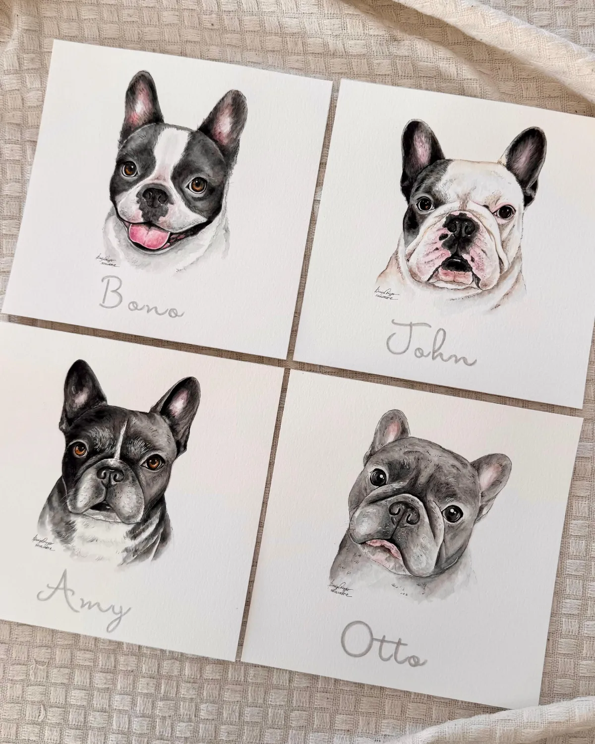Quatro retratos de bulldogs franceses em aquarela, cada um com o nome escrito abaixo