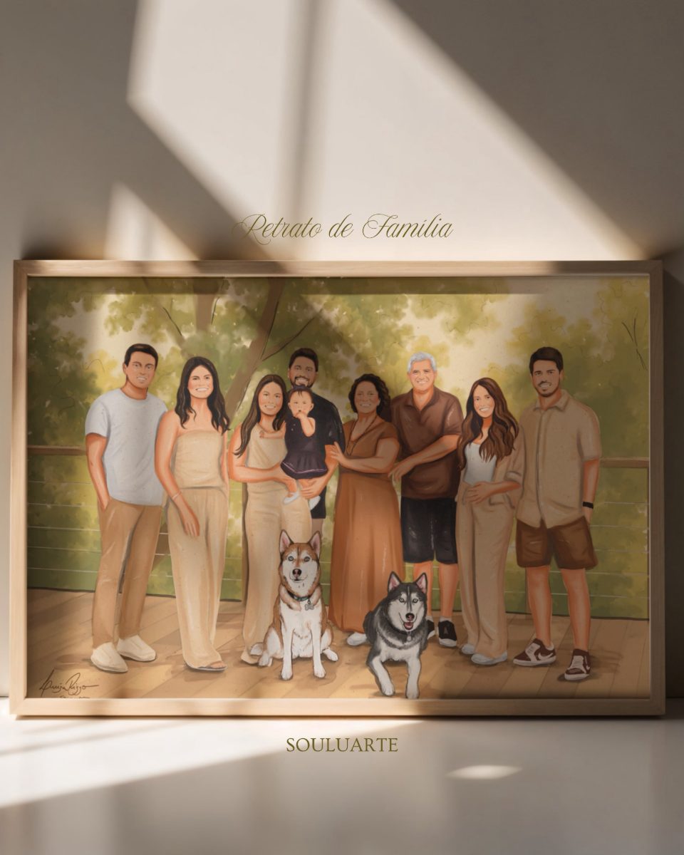 Family portrait illustration framed on a sunlit wall · Souluarte