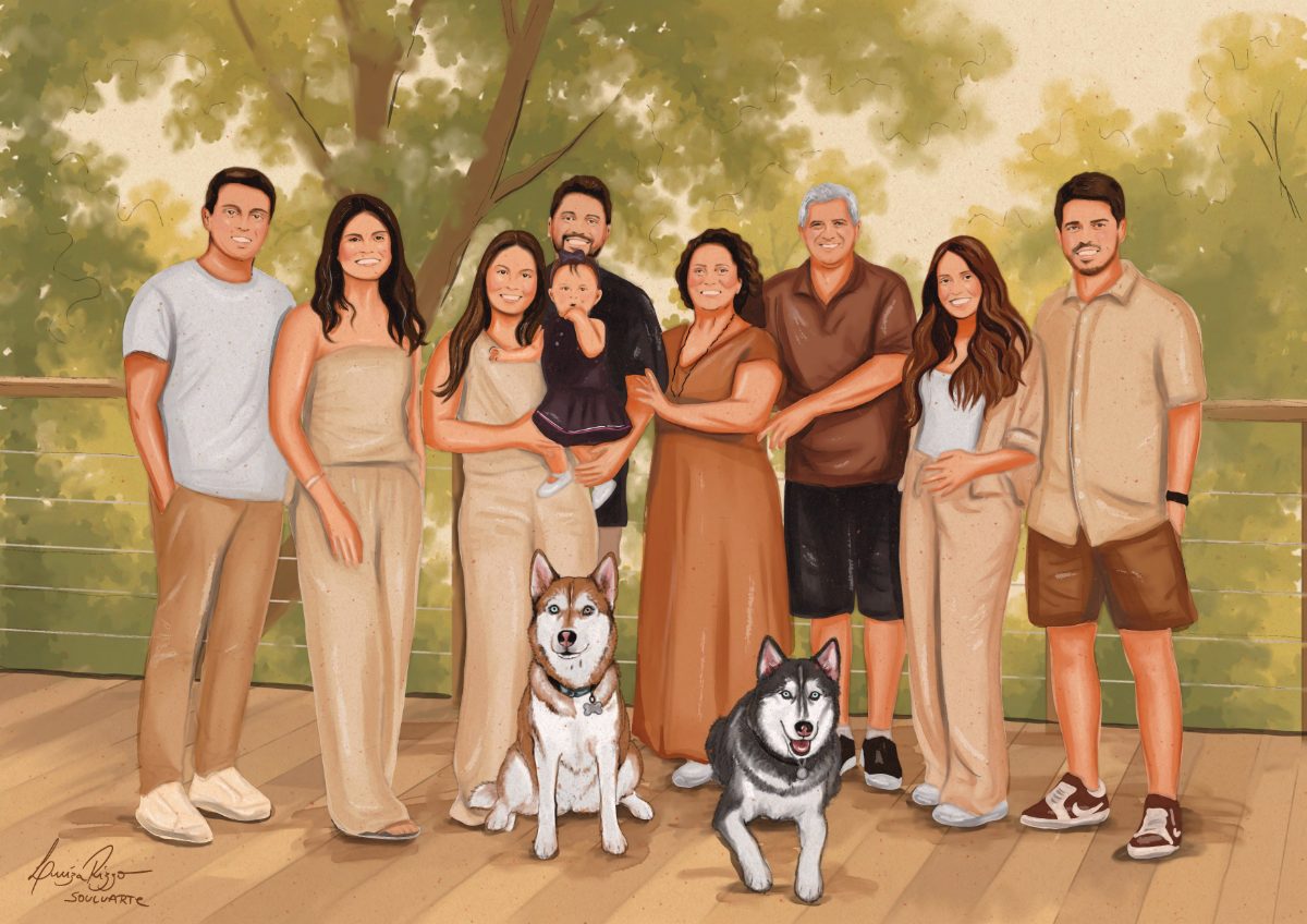 Family group portrait with dogs, digital illustration · Souluarte