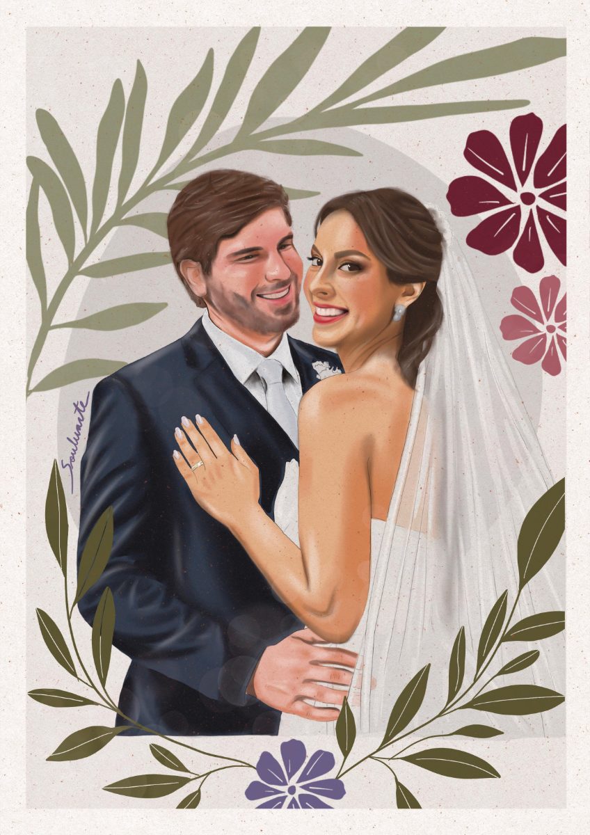 Wedding couple portrait, digital illustration with botanical frame · Souluarte
