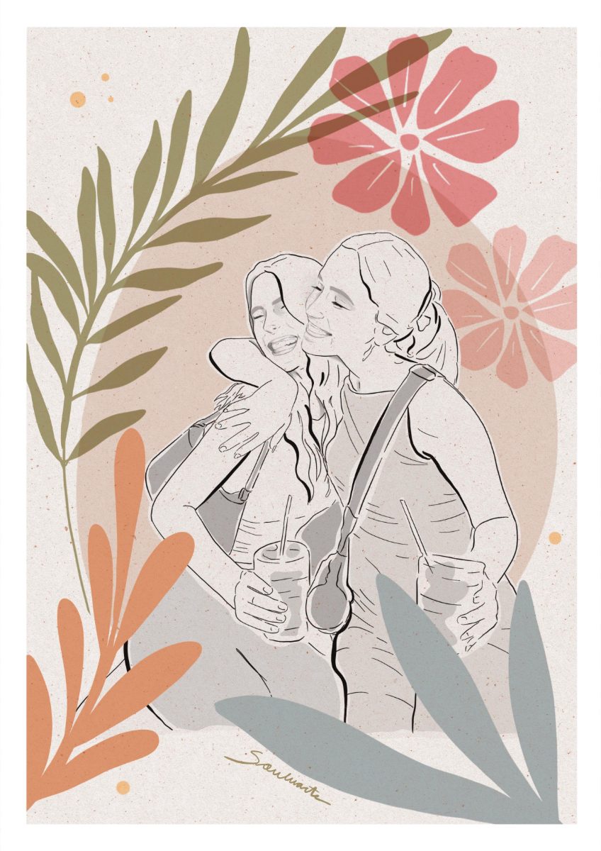 Two friends embracing, line-drawn portrait with botanical shapes · Souluarte