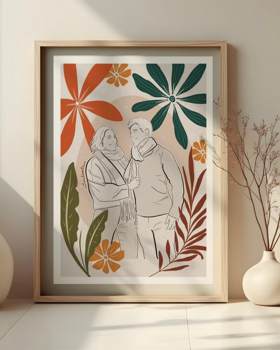 Line-drawn couple print with bold botanical shapes, framed · Souluarte