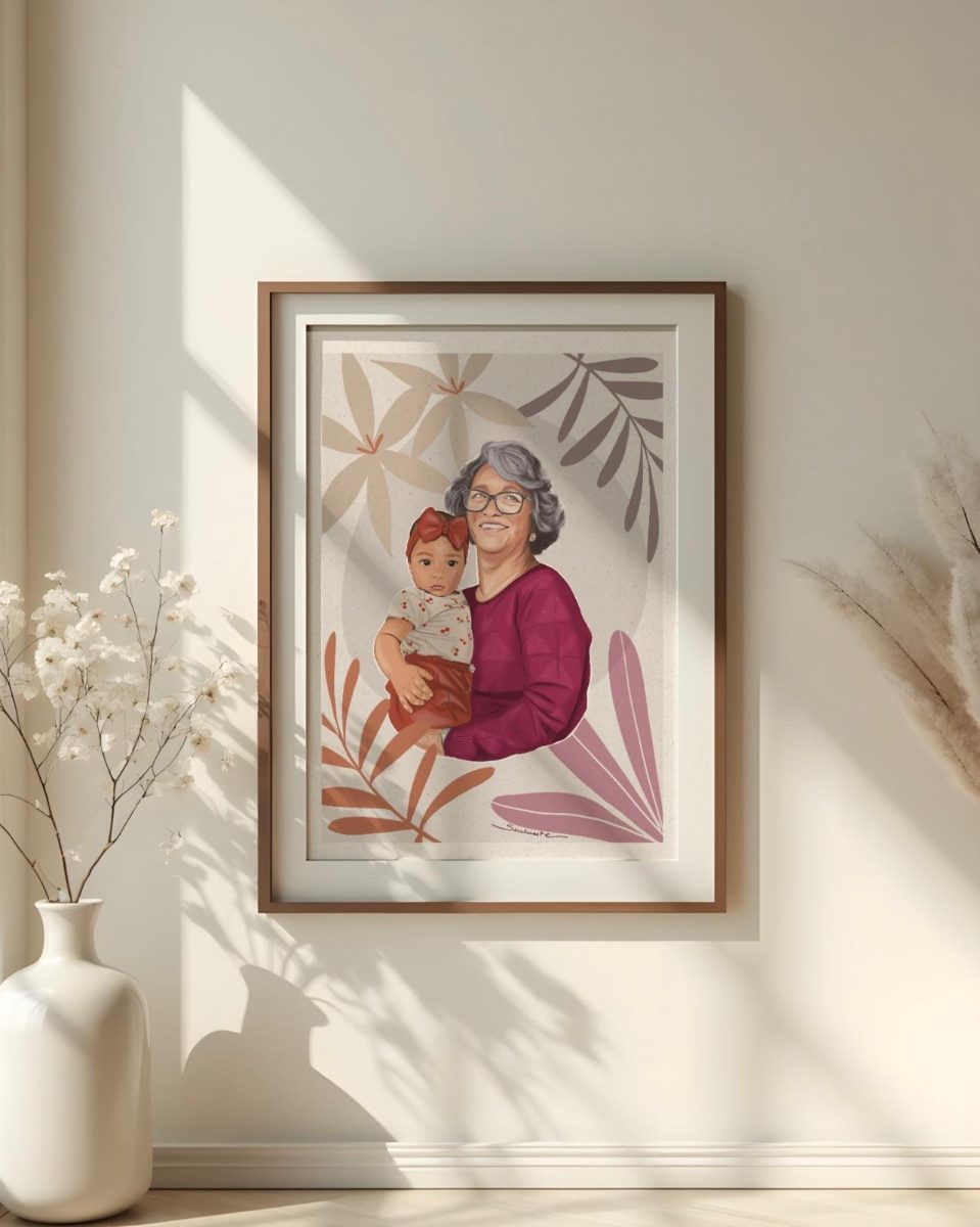 Grandmother and grandchild portrait, framed print on a sunlit wall · Souluarte