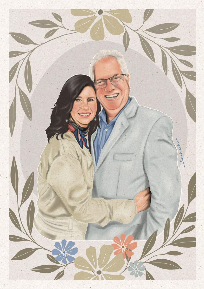 Couple portrait framed by a leaf wreath, digital illustration · Souluarte