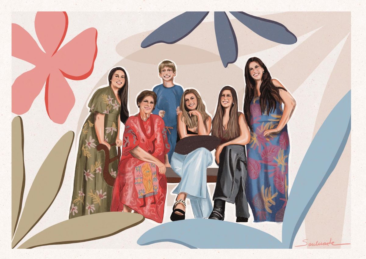 Family group illustration with cut-out botanical shapes · Souluarte