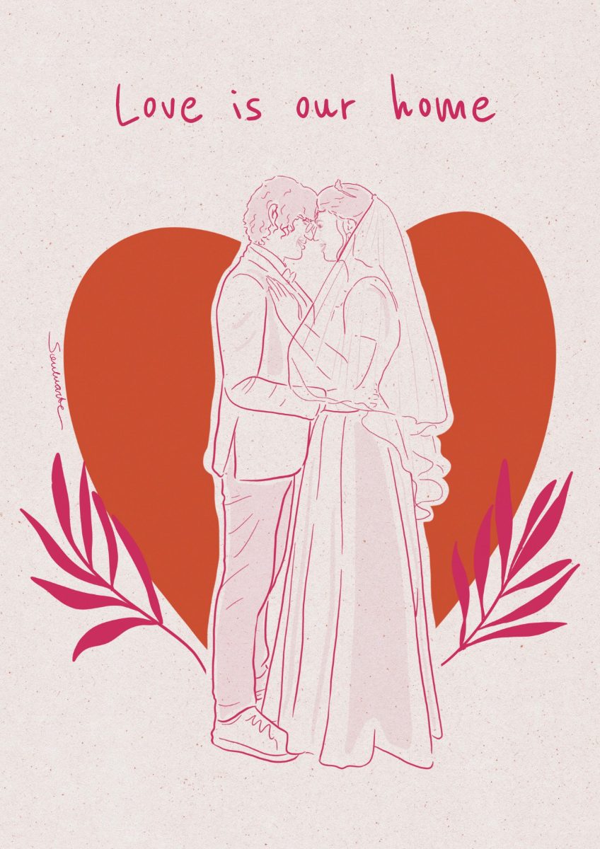 “Love is our home” — line-drawn newlyweds inside a heart · Souluarte