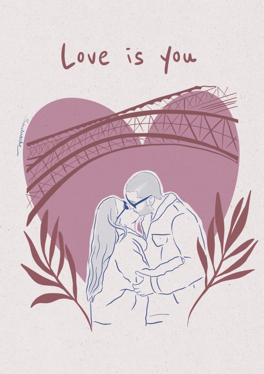 “Love is you” — line-drawn couple beneath the Ponte 25 de Abril · Souluarte