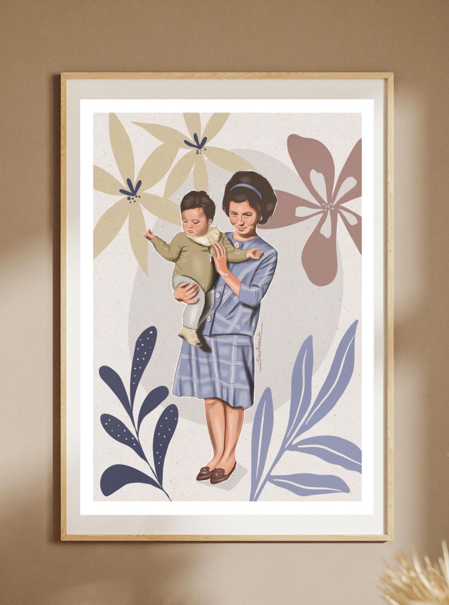 Vintage mother and child portrait, framed print on a wall · Souluarte