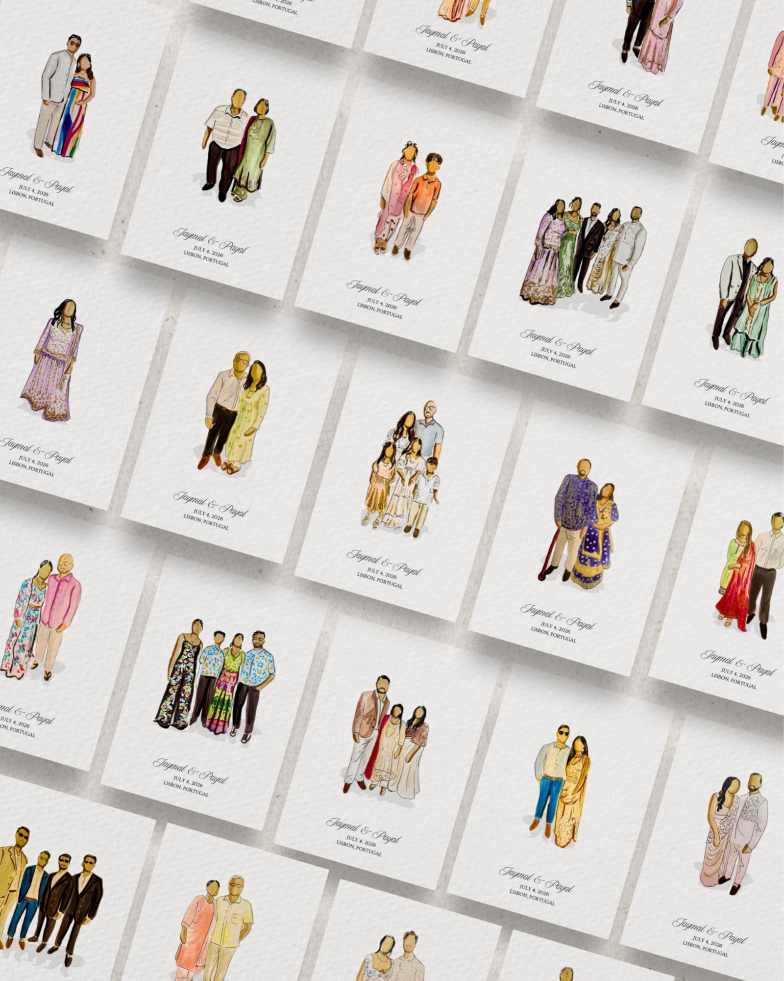 Conjunto de cartões ilustrados de convidados, cada um com um grupo pintado à mão e os nomes do casal