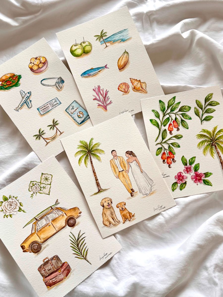 Watercolour wedding stationery illustrations by Luíza Rizzo