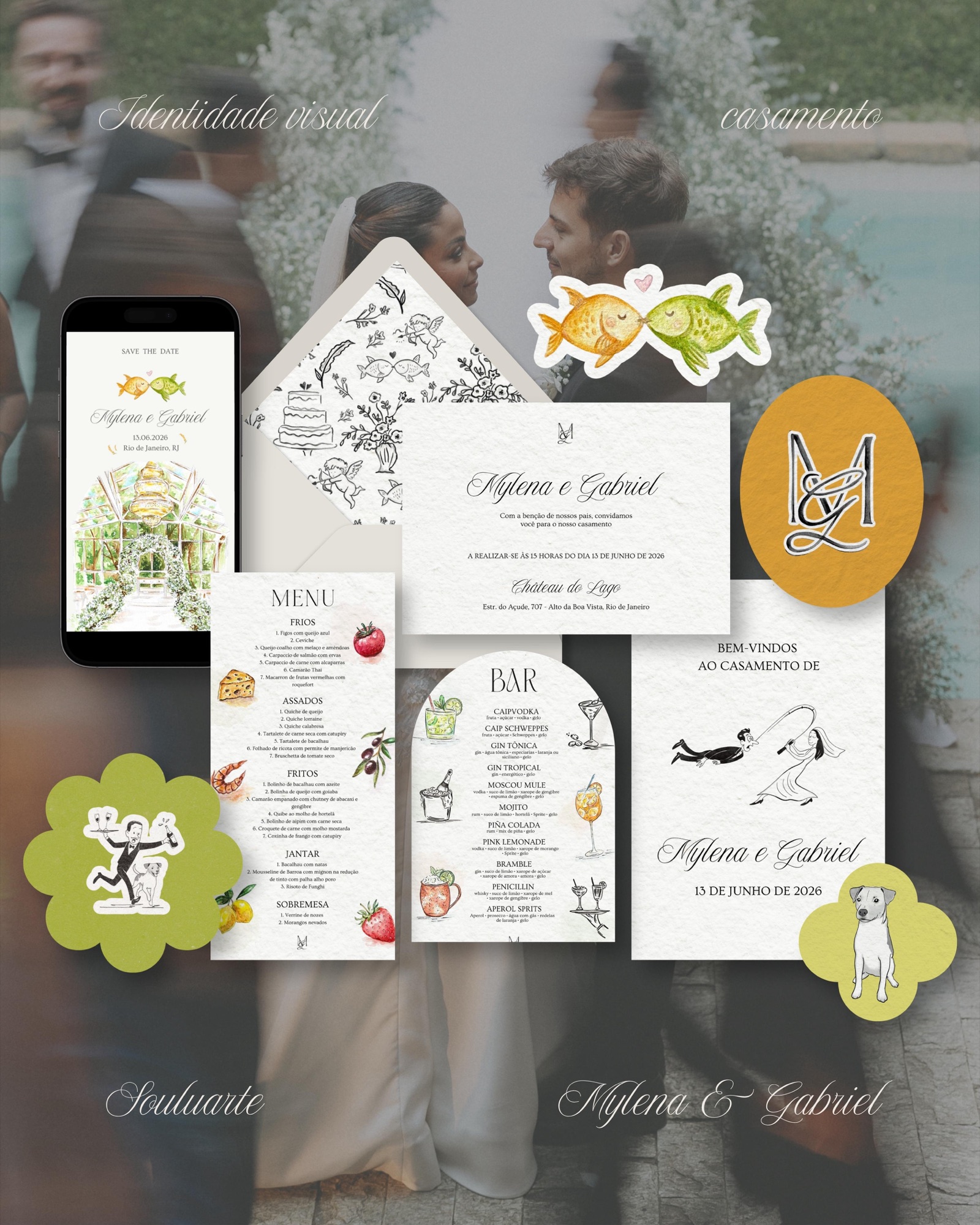 Wedding visual identity board: save the date, invitation, menu, bar list, monogram and illustrated stickers · Souluarte