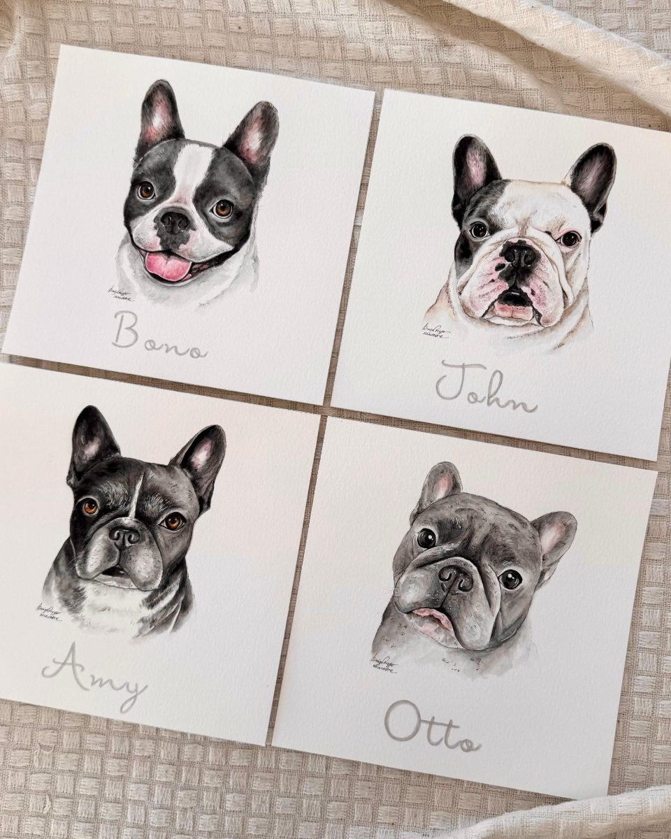 Four hand-painted watercolour pet portraits: Bono, John, Amy and Otto · Souluarte