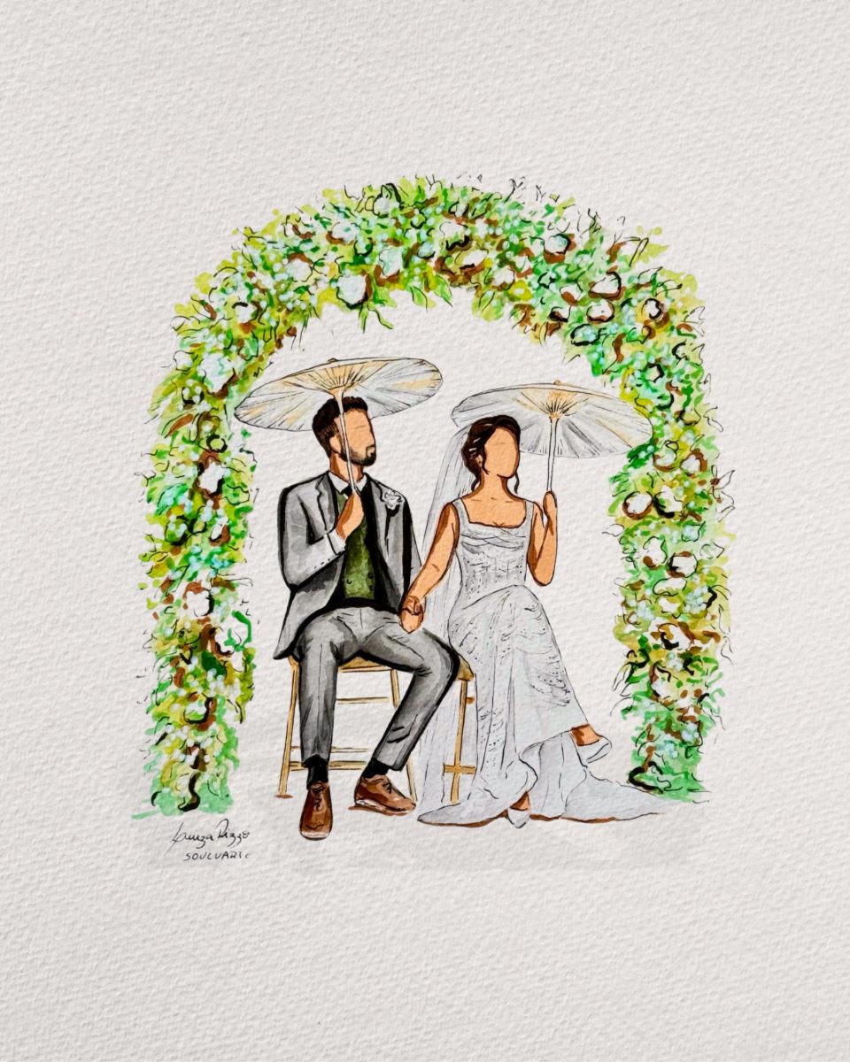 Watercolour of the couple seated under the flower arch with parasols · Souluarte