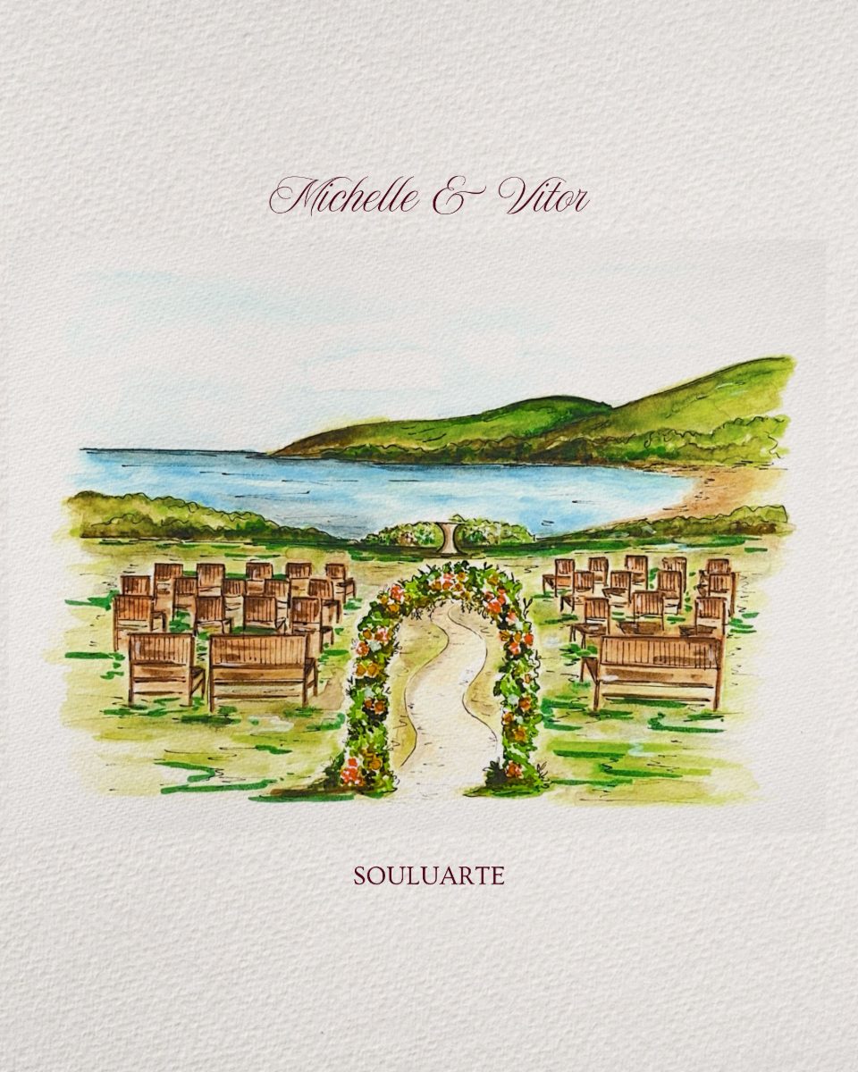 Watercolour of the ceremony arch and seating by the bay, Michelle & Vitor · Souluarte