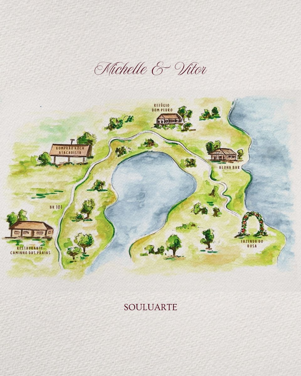 Hand-painted watercolour map of the wedding locations · Souluarte