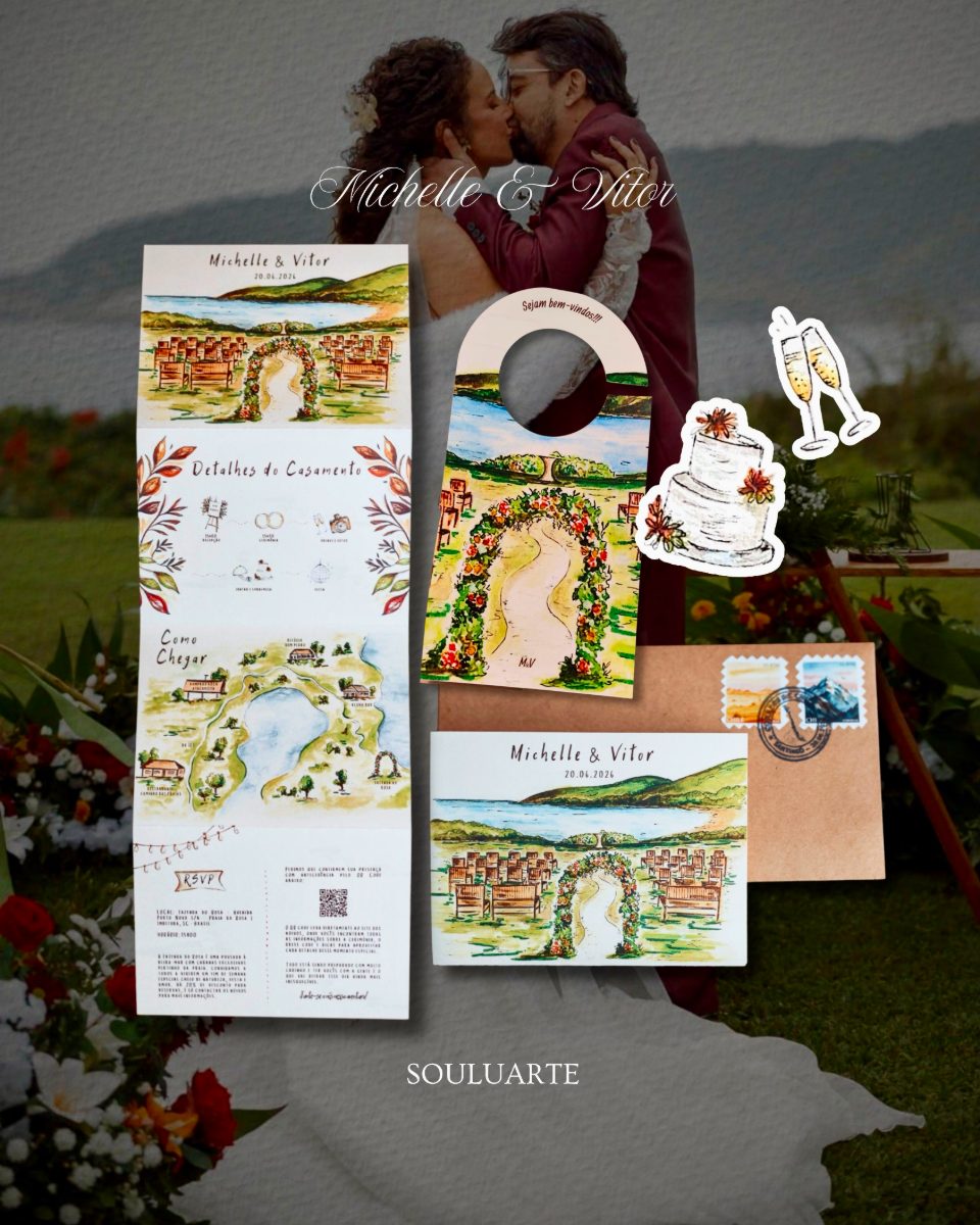 Invitation suite for Michelle & Vitor: folded invitation, door hanger, favours and stamped envelope · Souluarte