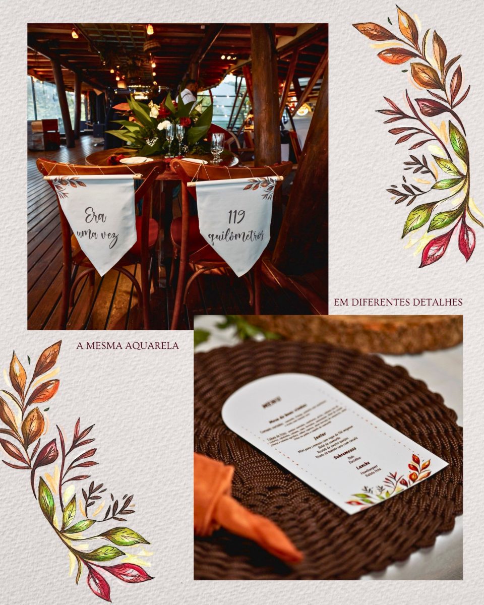Watercolour leaf motifs carried through chair banners and the dinner menu · Souluarte