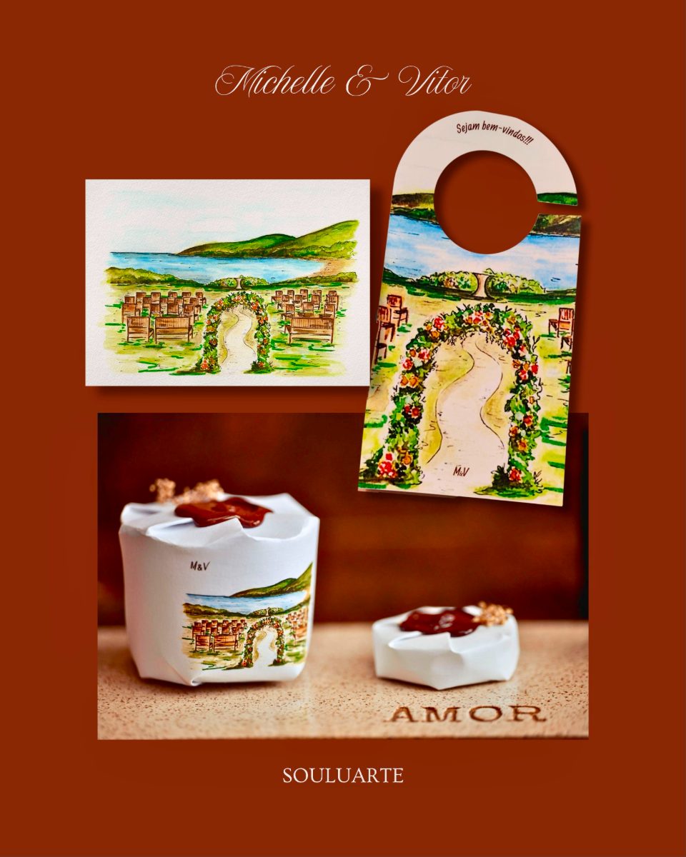 Door hanger and painted favour boxes from the Michelle & Vitor suite · Souluarte