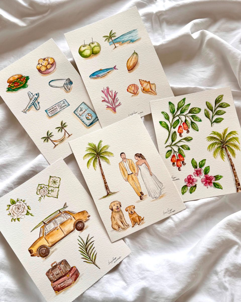 Set of watercolour sheets: motifs, palms, the couple and travel details · Souluarte