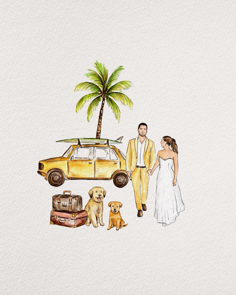 Watercolour of the couple with their car, surfboard and dogs · Souluarte