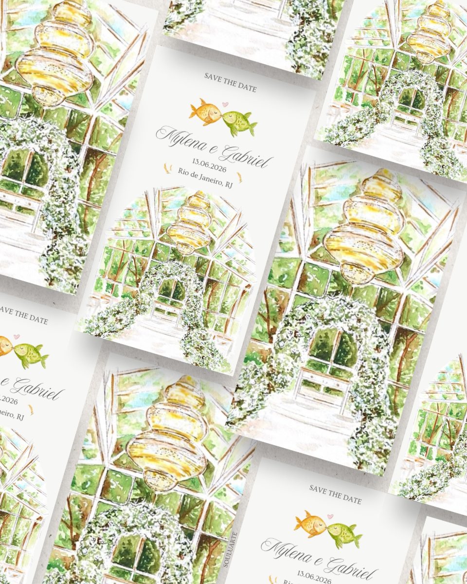 Save the date cards for Mylena & Gabriel, watercolour of the glasshouse · Souluarte